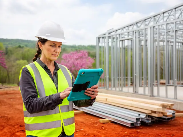 Contractor in a white hard hat and hi-vis vest reviewing a tablet beside a steel-framed building